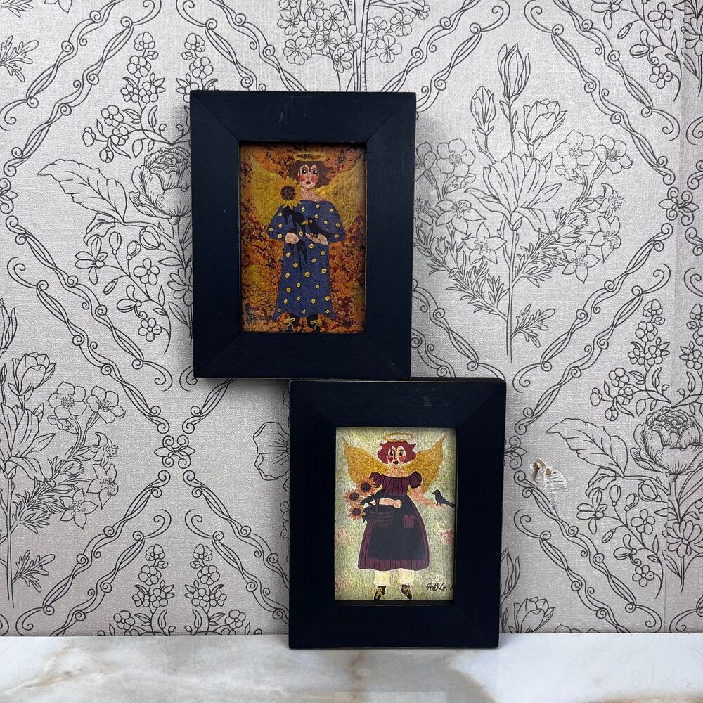 Vintage Folk Art 2 Miniature Painting Signed Annie B Giblin Angel Crow Sunflower